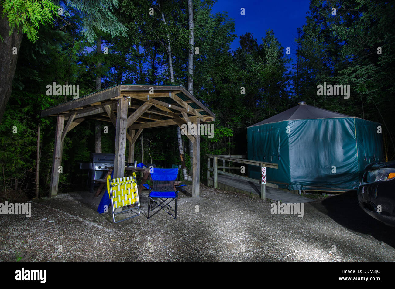 Yurt campsite at night. Stock Photo