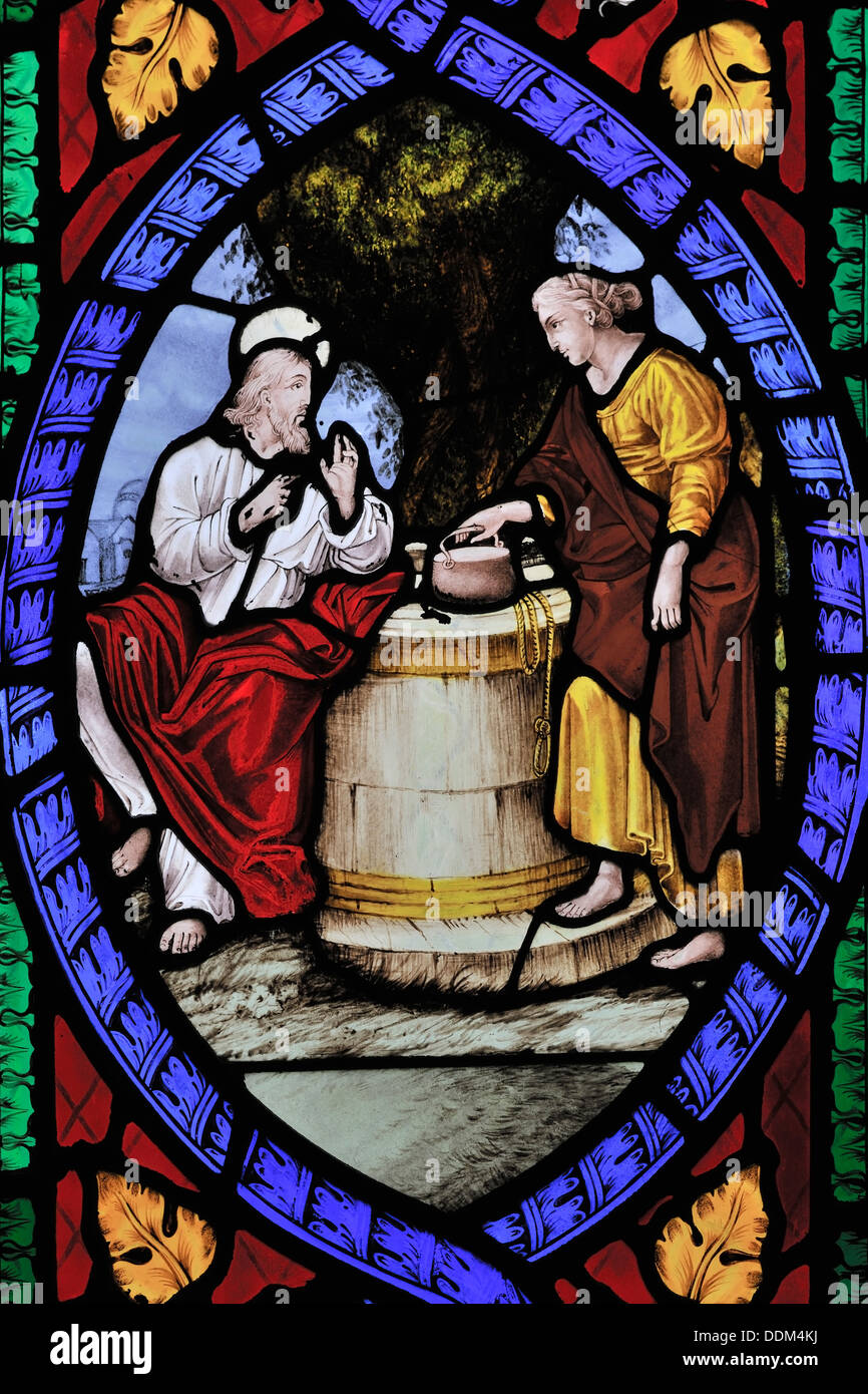 Jesus, at Jacob's well, receiving water from a Samaritan woman, St Leonard's Church, Chapel Le Dale, Yorkshire Dales, England Stock Photo