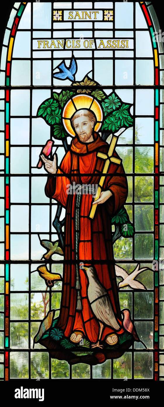 St Francis of Assisi  depicted in stained glass, Austwick Church, Yorkshire Dales National Park, England Stock Photo