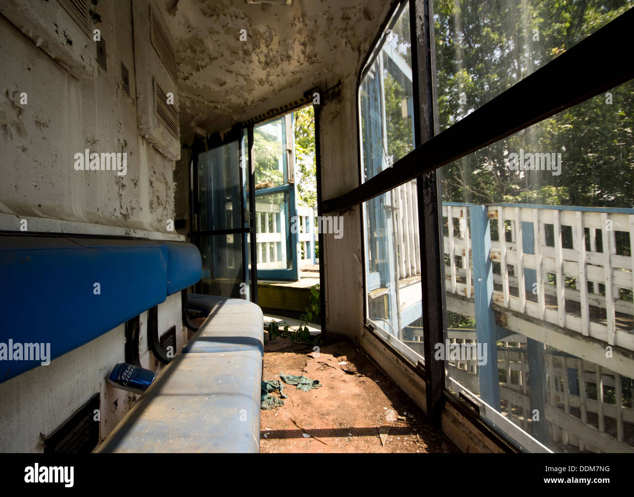 The inside of the abandoned Boblo Island Sky Tower ride. Stock Photo