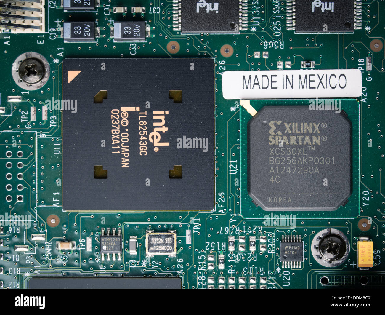 Made in Mexico Circuit Board, with Intel Microchip Stock Photo