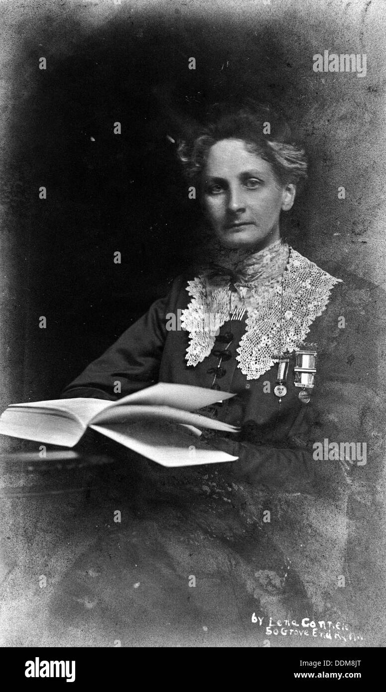 Suffragette, Lady Constance Lytton wearing a prison number badge and hunger strike medal, c1912. Artist: Unknown Stock Photo