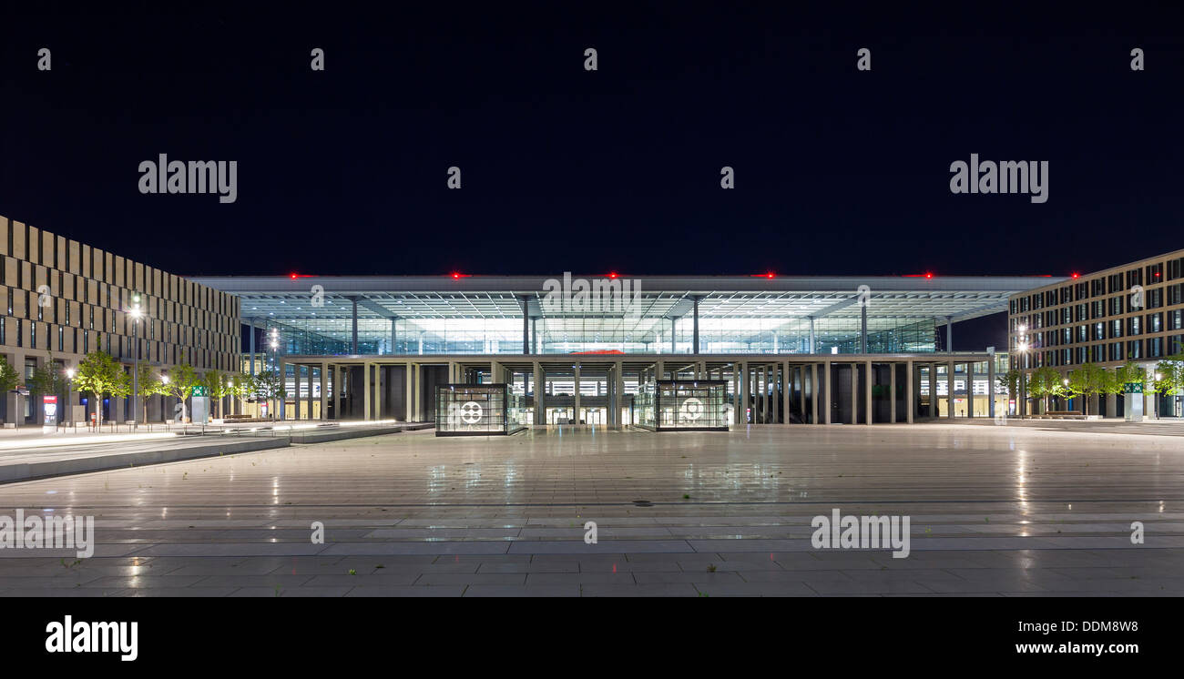 Germany/Brandenburg/Schoenefeld, Terminal of Berlin Brandenburg Airport (BER) at night, 22 Aug 2013 Stock Photo