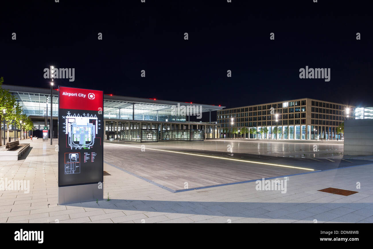 Germany/Brandenburg/Schoenefeld, Terminal of Berlin Brandenburg Airport (BER) at night, 22 Aug 2013 Stock Photo