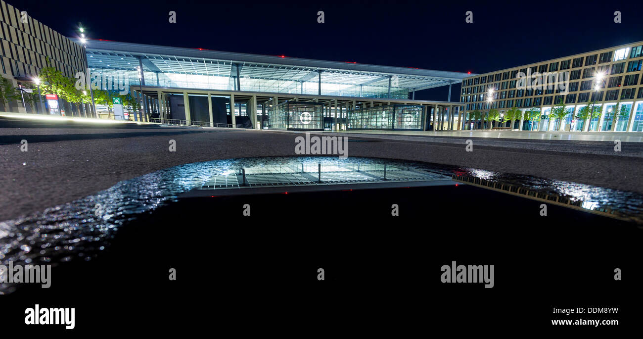 Germany/Brandenburg/Schoenefeld, Terminal of Berlin Brandenburg Airport (BER) at night, 22 Aug 2013 Stock Photo