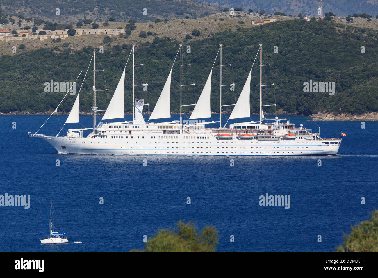Wind Surf luxury sailing cruise ship sailing past Corfu Stock Photo