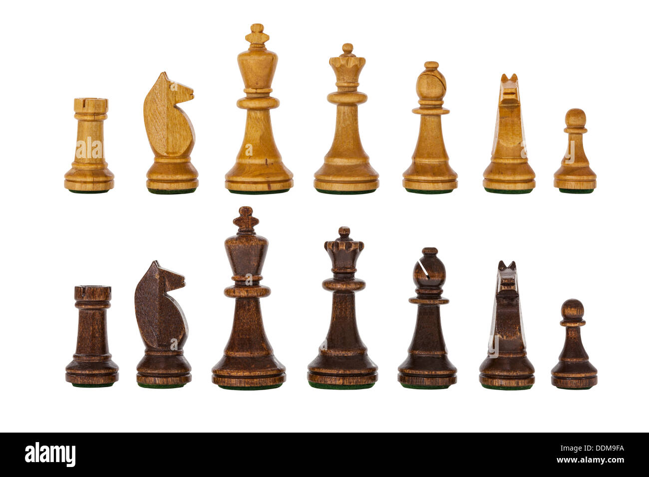 Vintage wooden chess set pieces isolated with clipping paths. Stock Photo