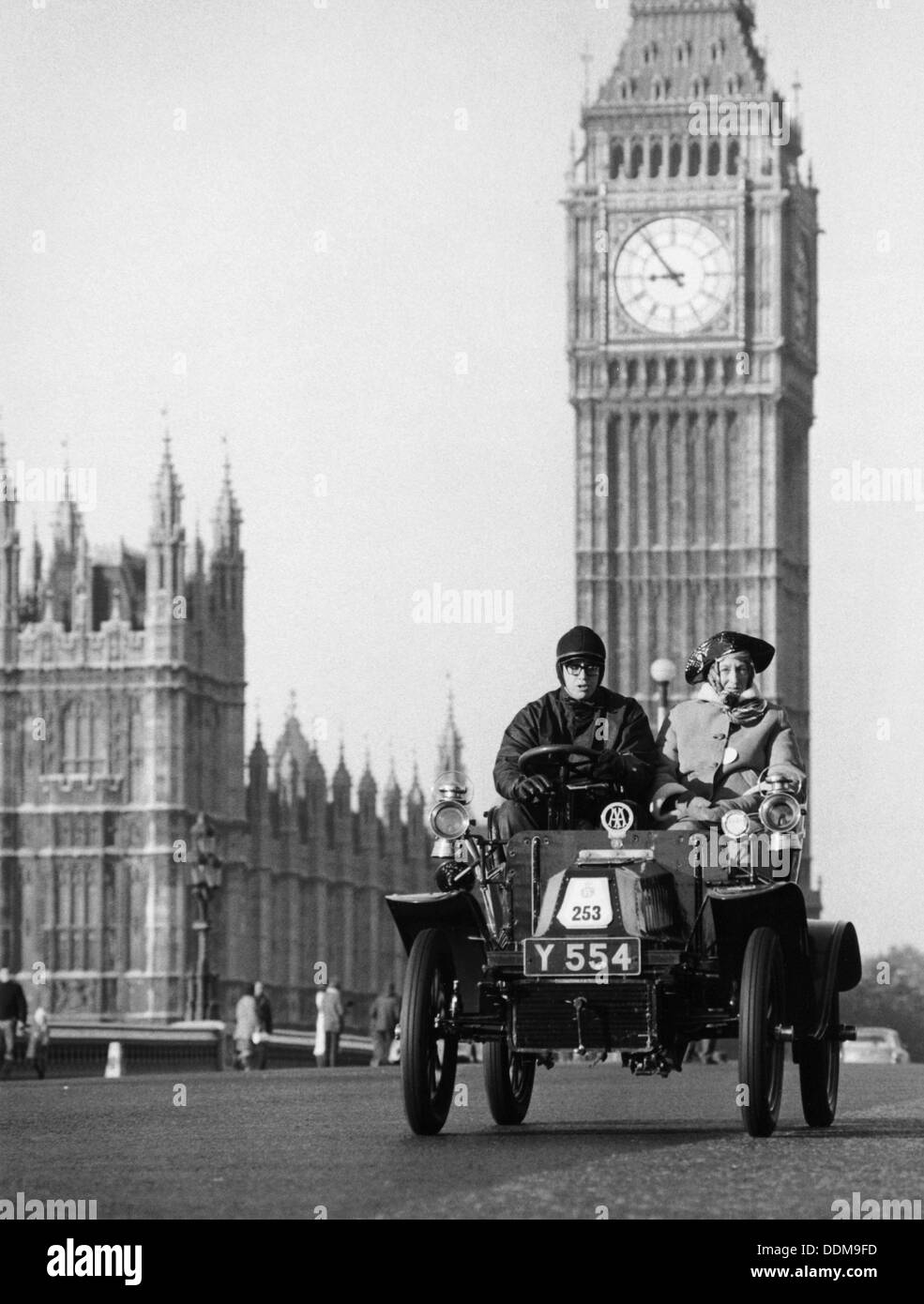 1903 De Dion on the London to Brighton Run with Big Ben behind, London. Artist: Unknown Stock Photo