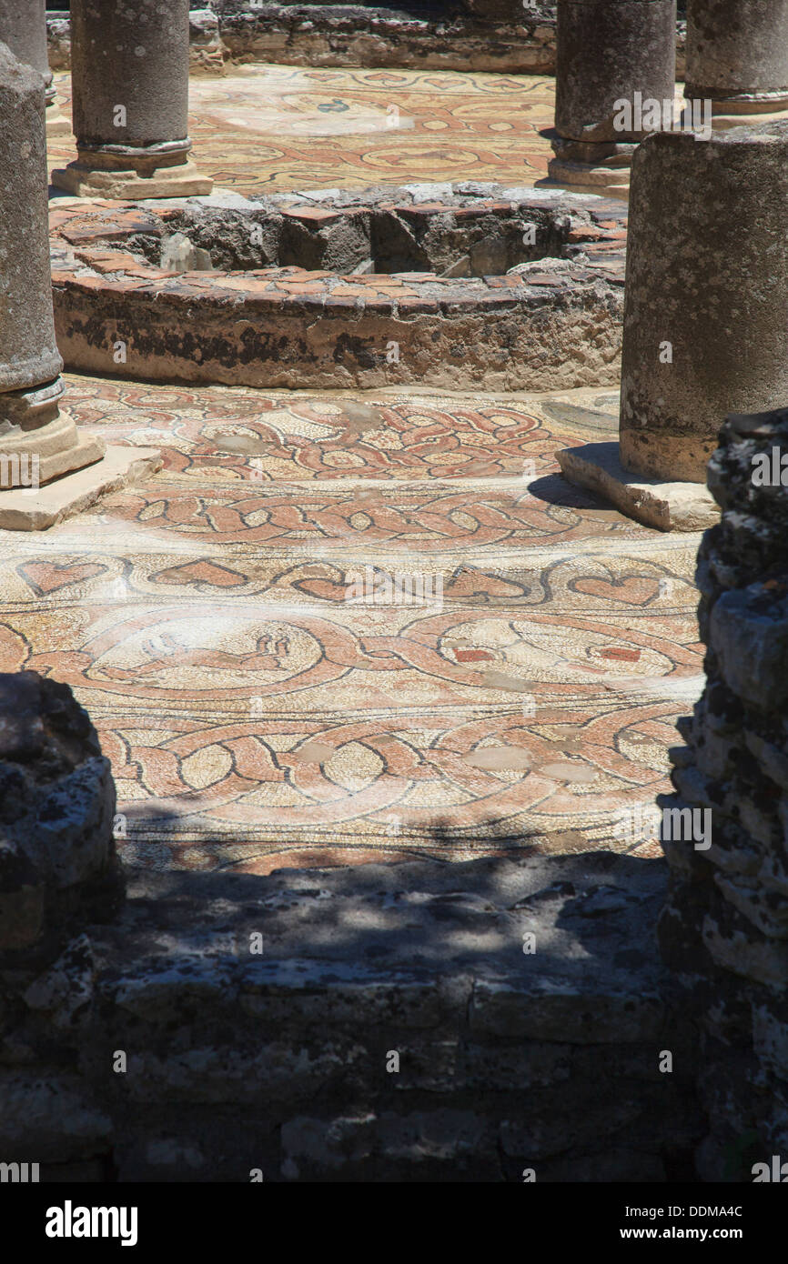Mosaic floor in remains of Byzantine Baptistery in Butrint Albania Stock Photo