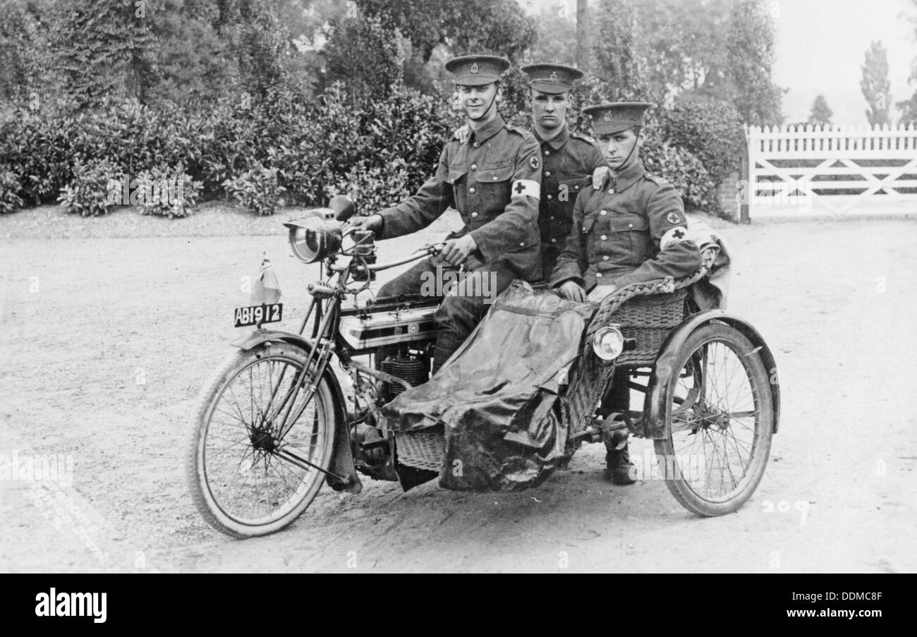 Three soldiers on a bicycle and sidecar, (WWI?). Artist: Unknown Stock Photo