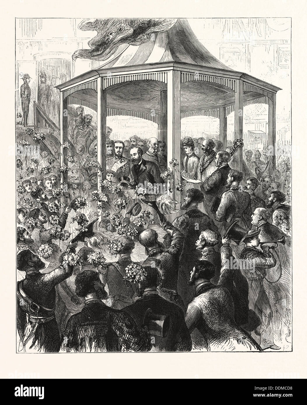 THE RECEPTION AT THE PAVILION, PORTSMOUTH DOCKYARD, A FLORAL DISPLAY, ENGRAVING 1876, UK, britain, british, europe Stock Photo