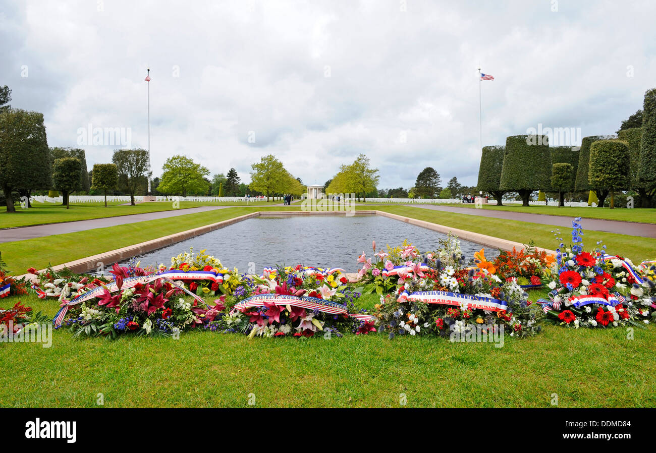 Floral display at the American war cemetery, Omaha beach, Normandy, France. Stock Photo