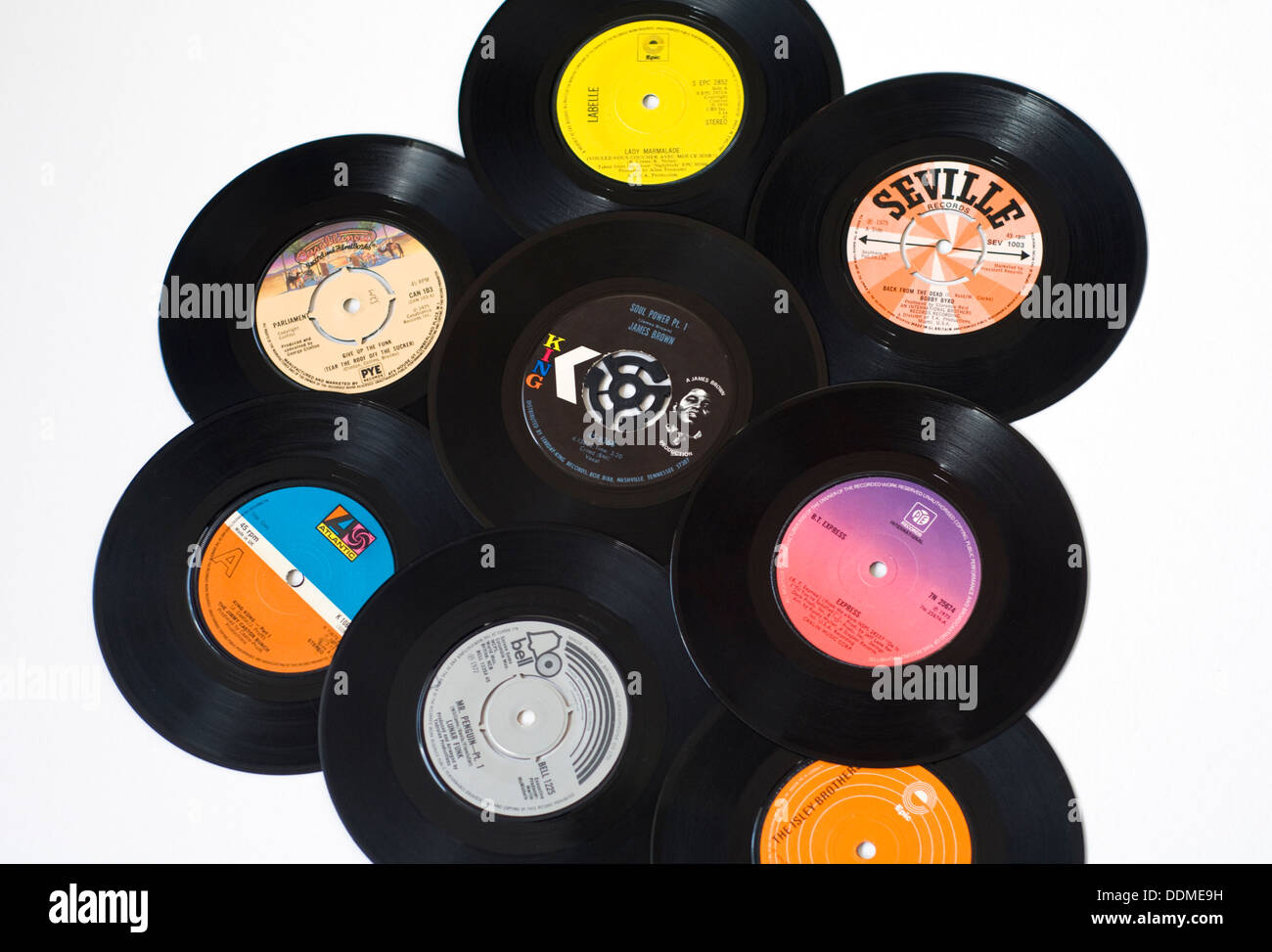 A collection of funk and soul music vinyl records (singles) from the 1970s Stock Photo
