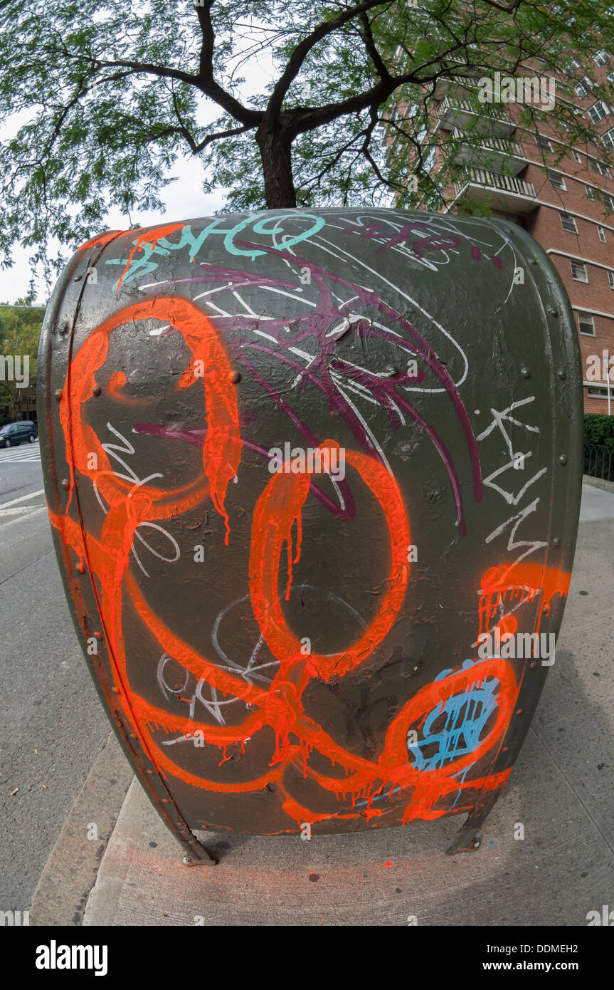 A graffiti covered USPS relay box is seen in the Chelsea neighborhood