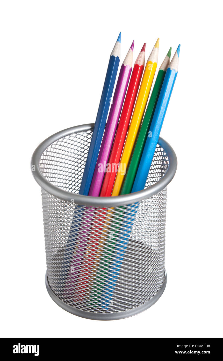 colored pencils in basket isolated on a white background Stock Photo