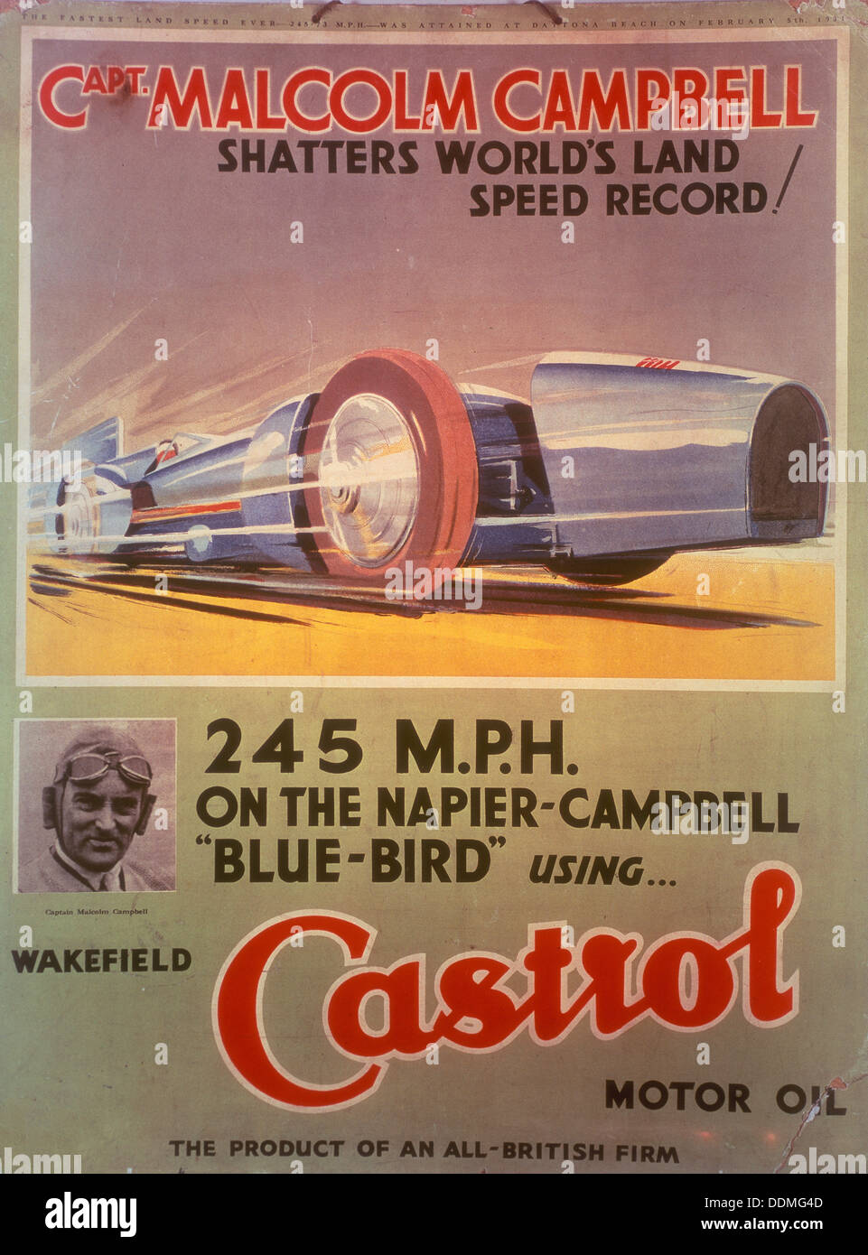 Poster advertising Castrol oil, featuring Bluebird and Malcolm Campbell, early 1930s. Artist: Unknown Stock Photo