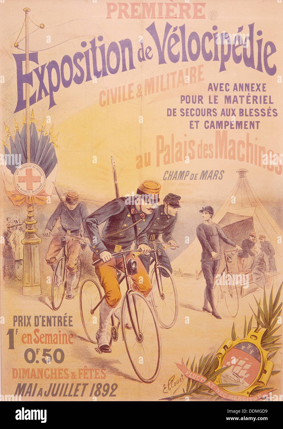 Poster advertising a bicycle exposition, 1892. Artist: E Clouet Stock Photo