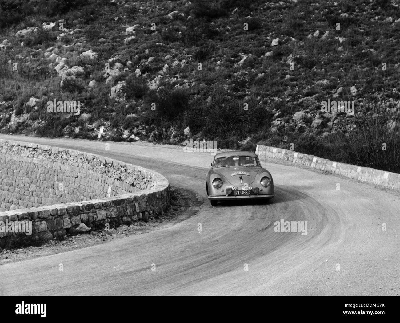 Porsche 356 taking a corner in the Monte Carlo Rally, 1954. Artist: Unknown Stock Photo