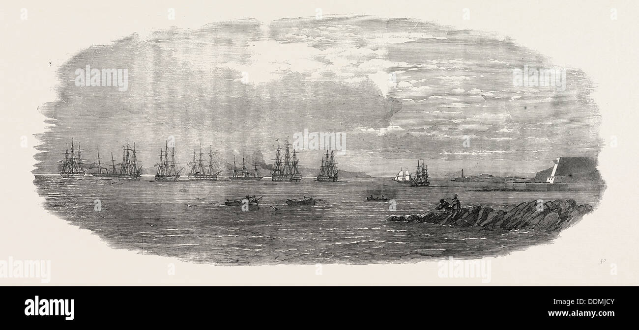 DEPARTURE OF THE OCEAN FRENCH FLEET FROM BREST, FRANCE, 1854; HERCULE, 100, TOWED BY CAFFARELLI, 450 HORSE POWER; JEAN-BART Stock Photo