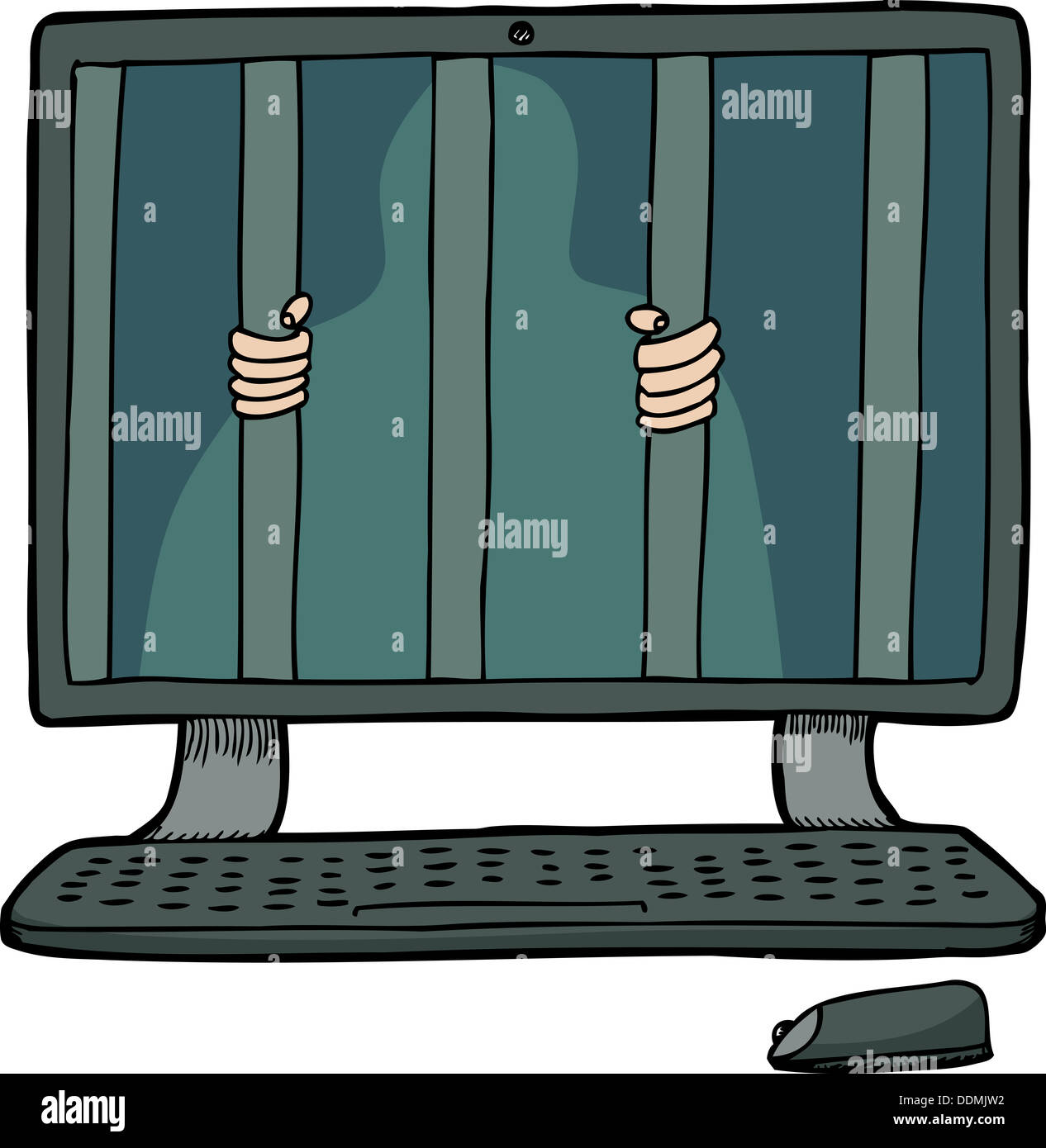 Cartoon of unknown person behind bars on computer screen Stock Photo