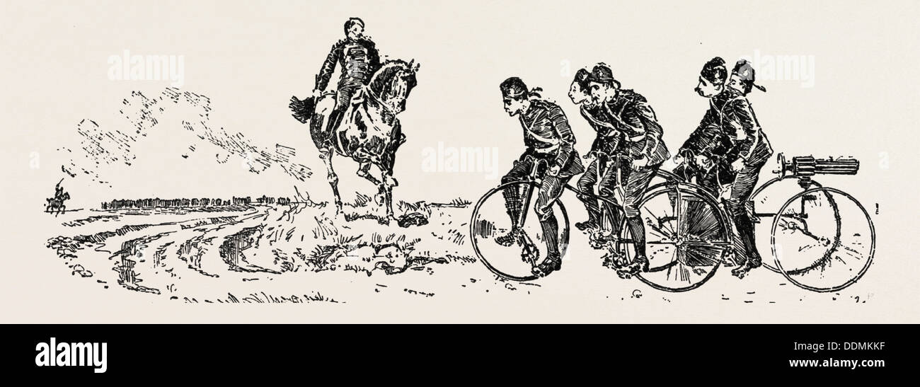 BRINGING UP THE GUNS, bicycle, bicycles, 1888 engraving Stock Photo