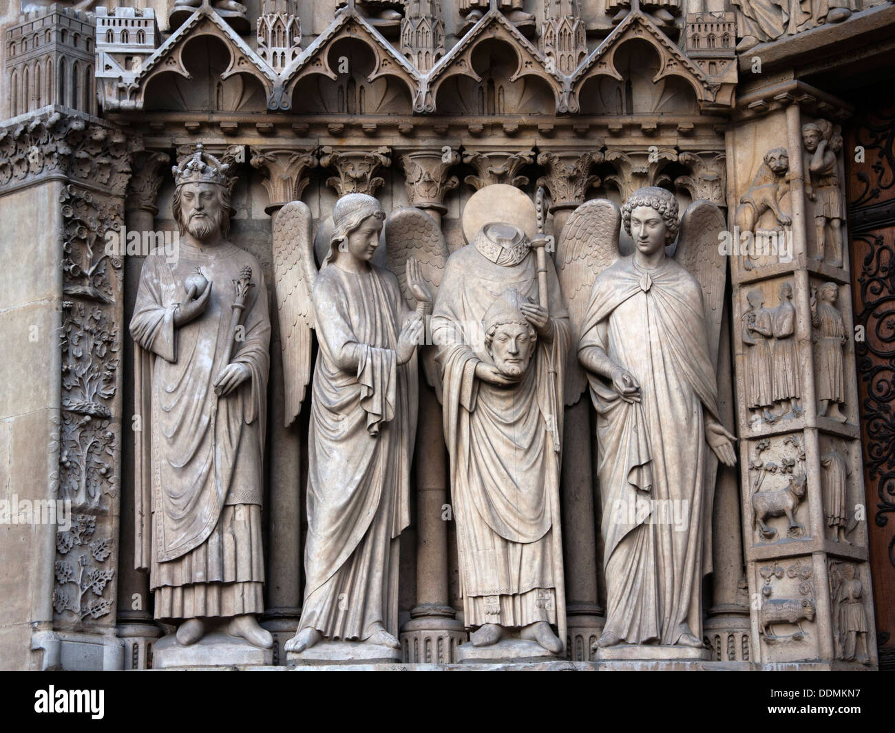 Sculptures of Notre-Dame Cathedral facade Stock Photo