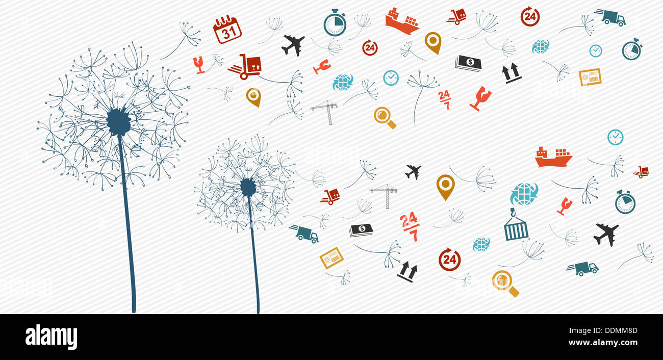 Shipping logistics flying icons dandelion concept illustration. Vector file in layers for easy editing. Stock Photo