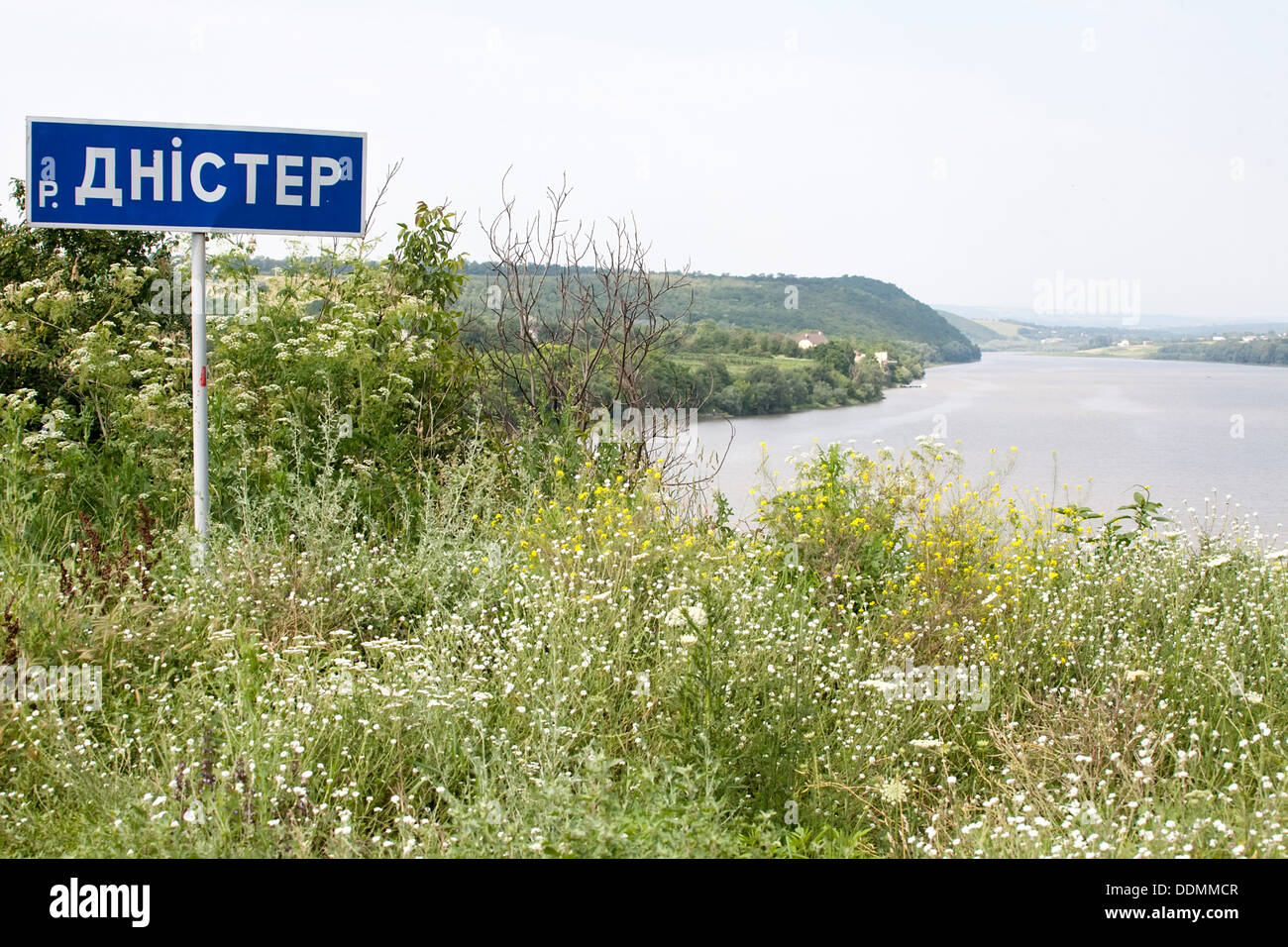 Dniester river signboard on real nature background, Ukraine Stock Photo