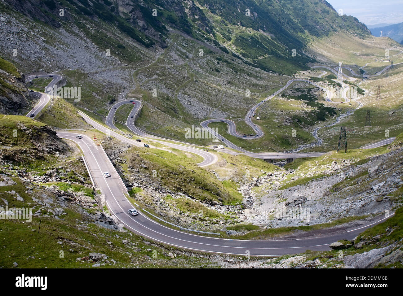 scenic top view of mountain serpentine road, Transfagarasan highway, Romania Stock Photo