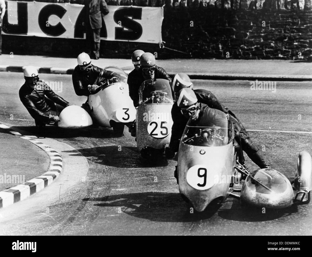 Fritz Scheidegger, Walter Schneider and Helmut Fath competing in a sidecar race, 1959. Artist: Unknown Stock Photo