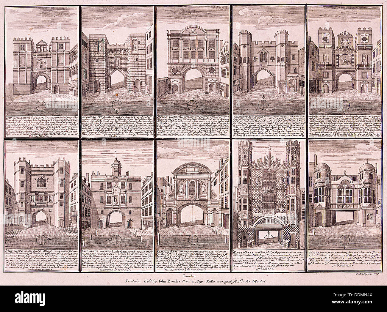 London's ten City Gates, 1720. Artist: Sutton Nicholls Stock Photo