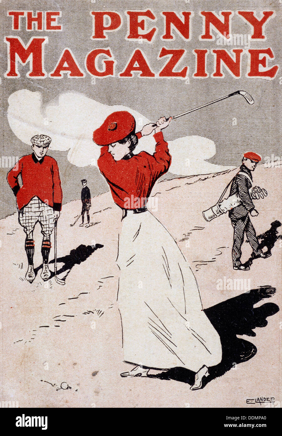 Lady golfer taking a swing on the cover of 'The Penny Magazine', c1900. Artist: Unknown Stock Photo