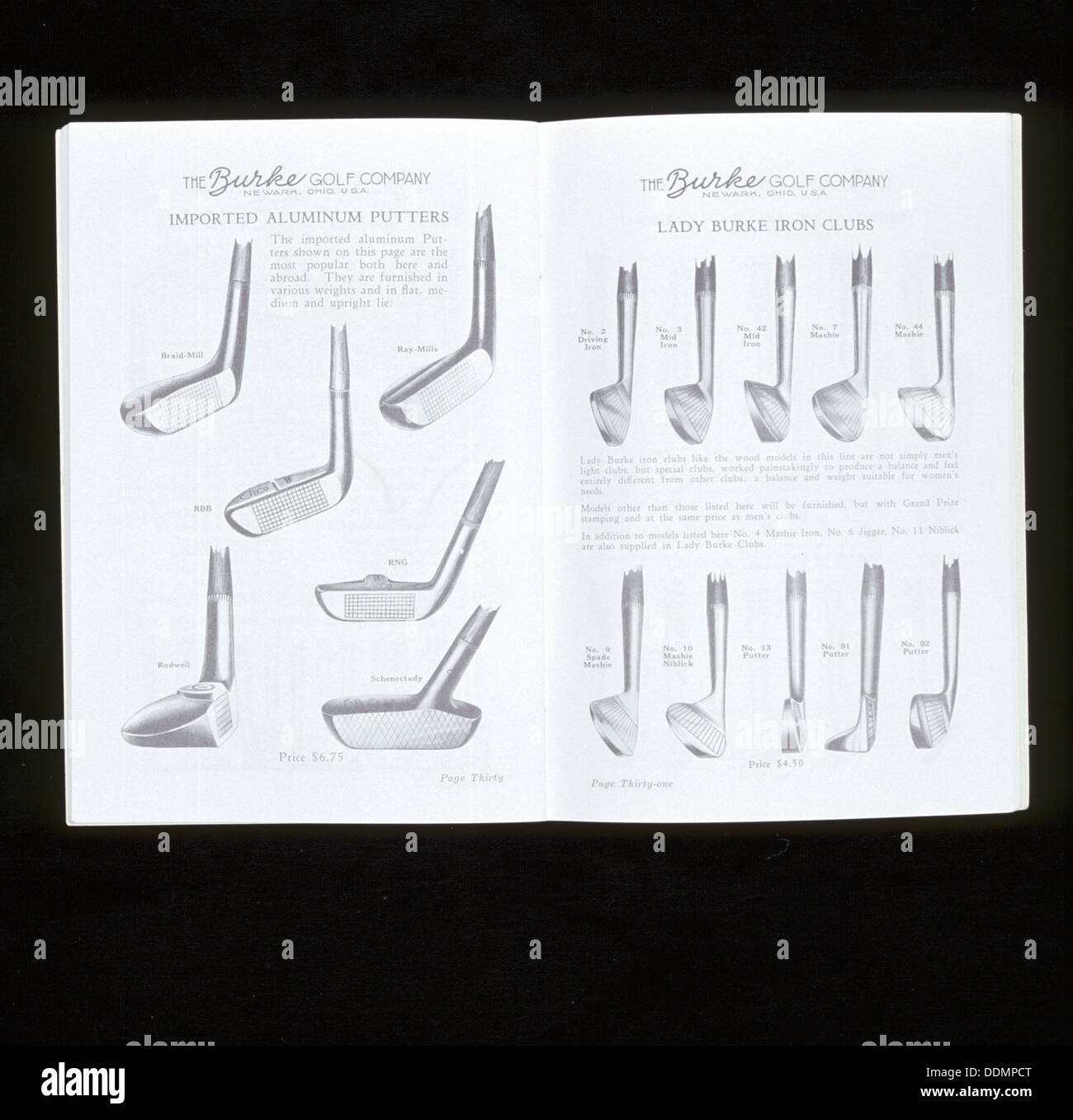 Burke Golf Co catalogue showing putters and ladies iron golf clubs