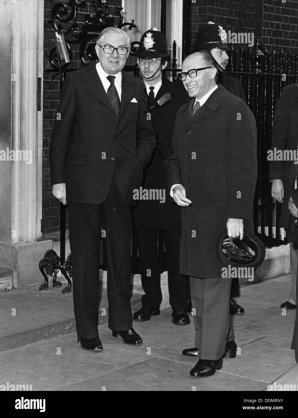 Menachem Begin and James Callaghan at Downing Street, . Artist: Sidney Harris Stock Photo