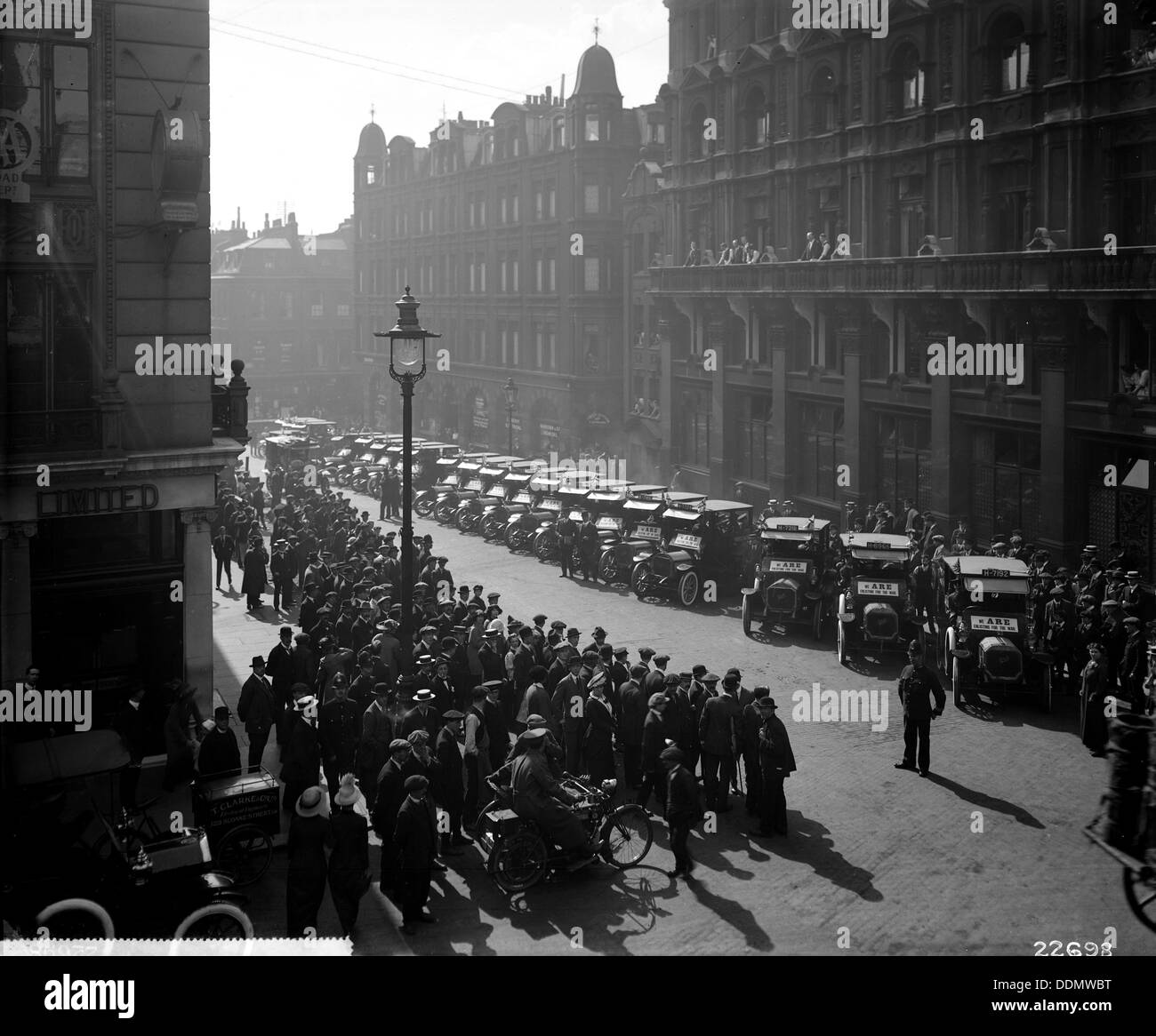 Taxis outside the AA offices at Fanum House, Whitcomb Road, Westminster, London, 1914. Artist: Bedford Lemere and Company Stock Photo