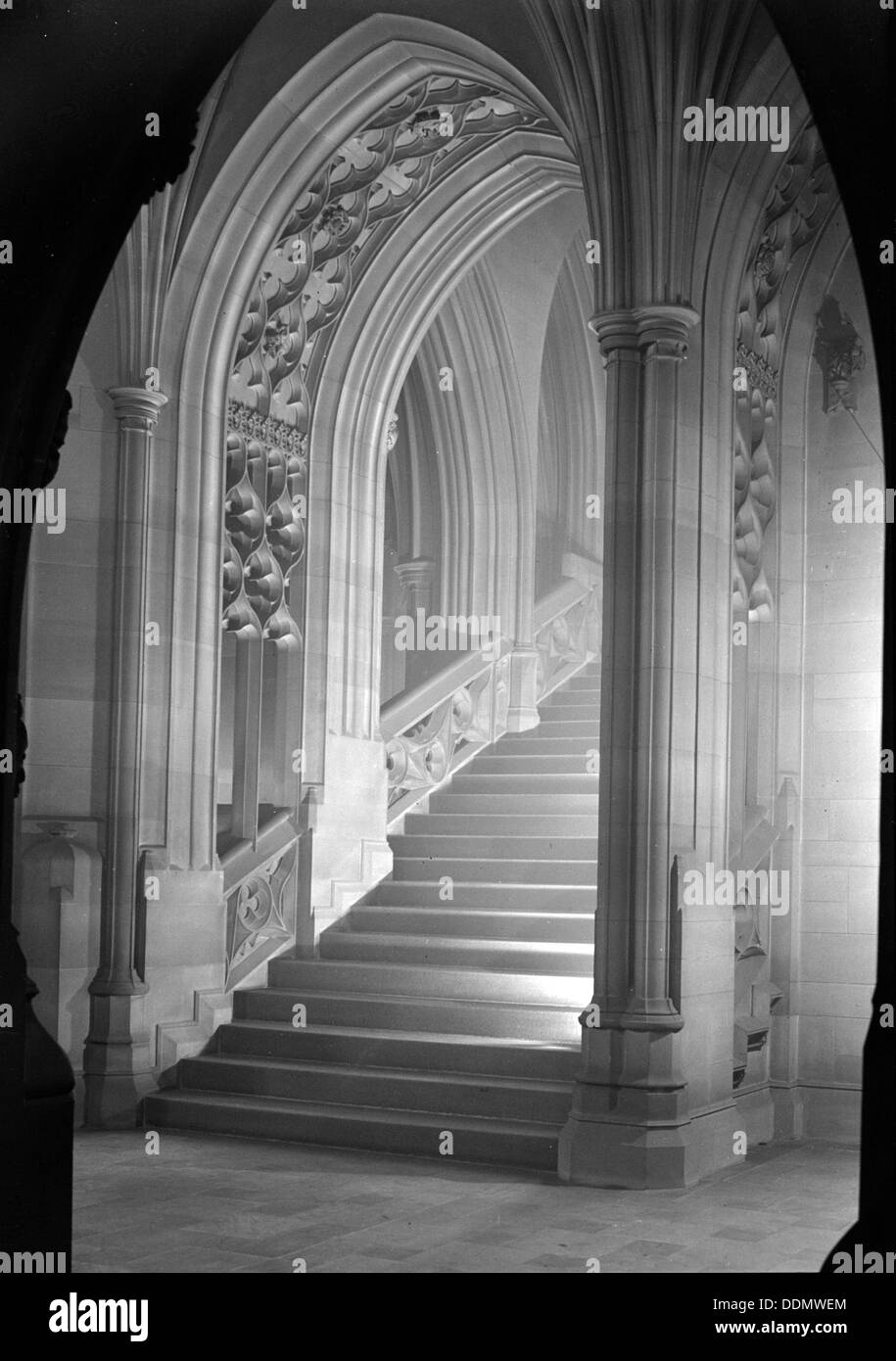 Staircase in the John Rylands Library, Deansgate, University of Manchester, 1942. Artist: GB Wood Stock Photo