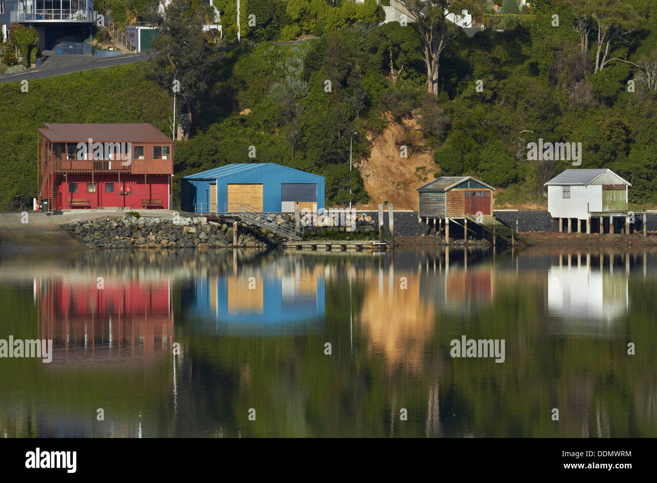 Boat sheds at Macandrew Bay reflected in Otago Harbour, Otago Peninsula