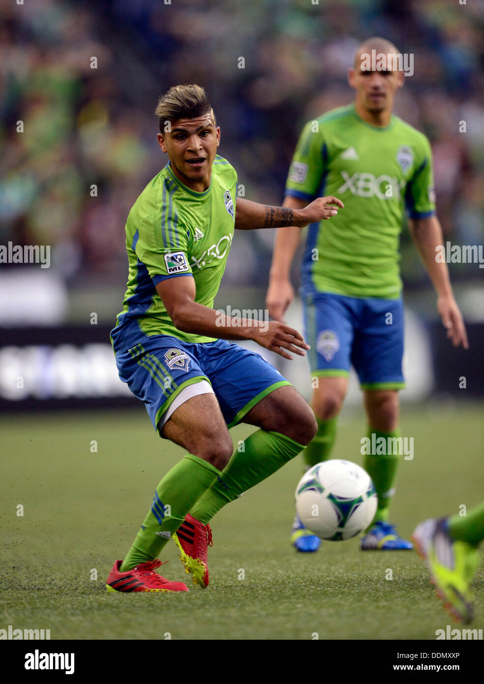 Seattle, Washington, USA. 04th Sep, 2013. Seattle Sounders FC defender DeAndre Yedlin #17 in action against Chivas USA at CenturyLink Field in Seattle, WA. Seattle Sounders FC defeats Chivas USA 1 - 0 .George Holland / Cal Sport Media. Credit:  Cal Sport Media/Alamy Live News Stock Photo