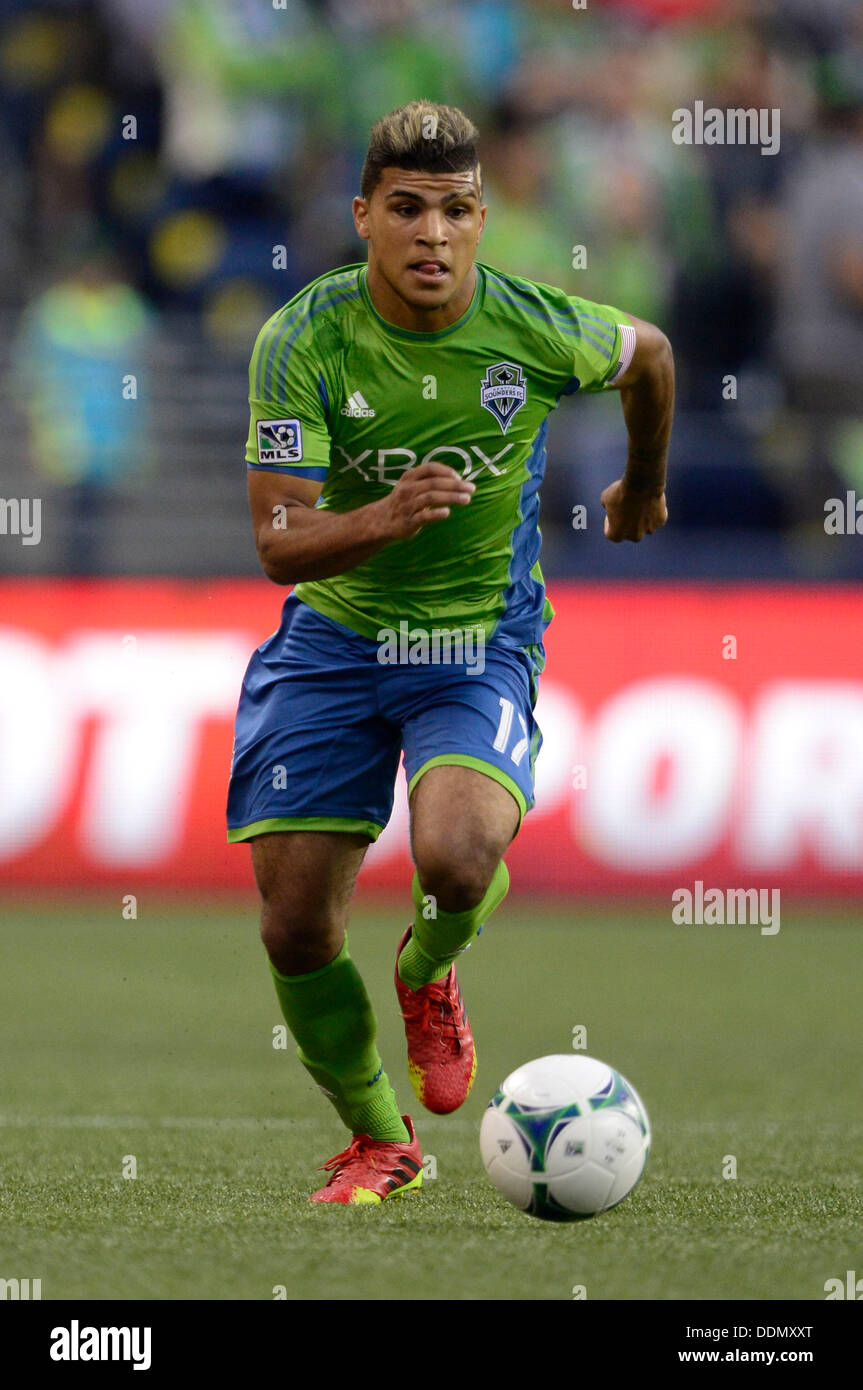 Seattle, Washington, USA. 04th Sep, 2013. Seattle Sounders FC defender DeAndre Yedlin #17 in action against Chivas USA at CenturyLink Field in Seattle, WA. Seattle Sounders FC defeats Chivas USA 1 - 0 .George Holland / Cal Sport Media. Credit:  Cal Sport Media/Alamy Live News Stock Photo