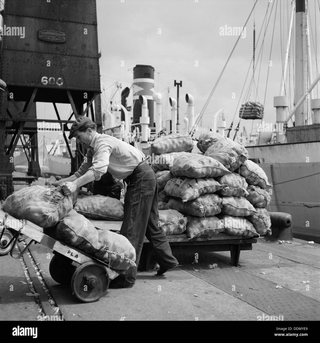 Sacks of vegetables being loaded onto a ship in London docks, c1945-c1965. Artist: SW Rawlings Stock Photo