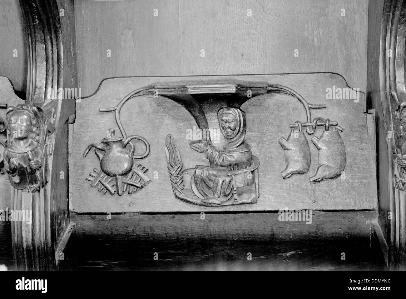 A misericord in St Laurence's church, Ludlow, Shropshire, 1966. Artist: Laurence Goldman Stock Photo