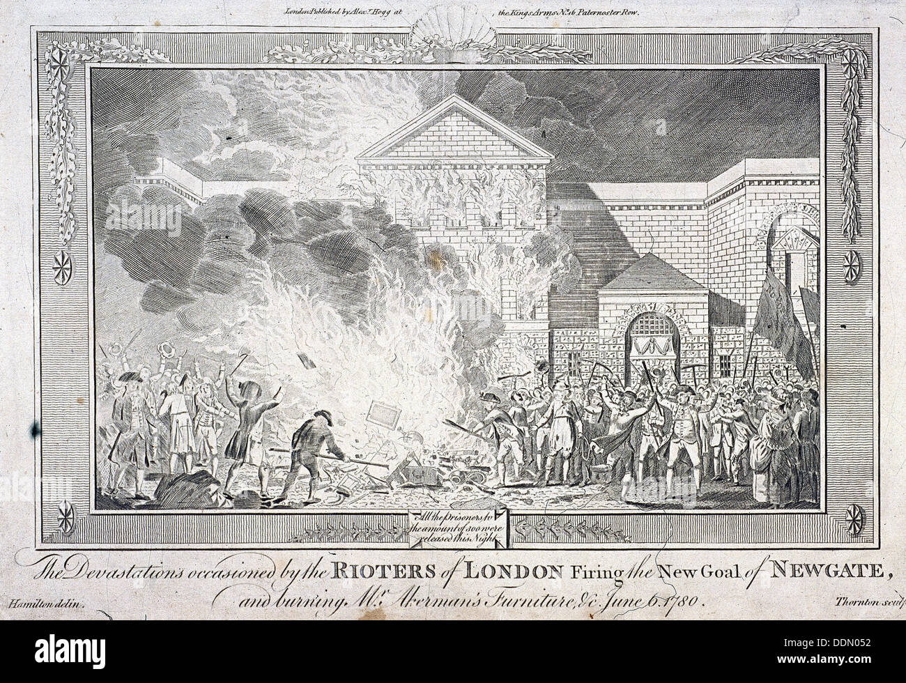 Gordon Riots, Newgate Prison, London, 1780. Artist: Thornton Stock Photo