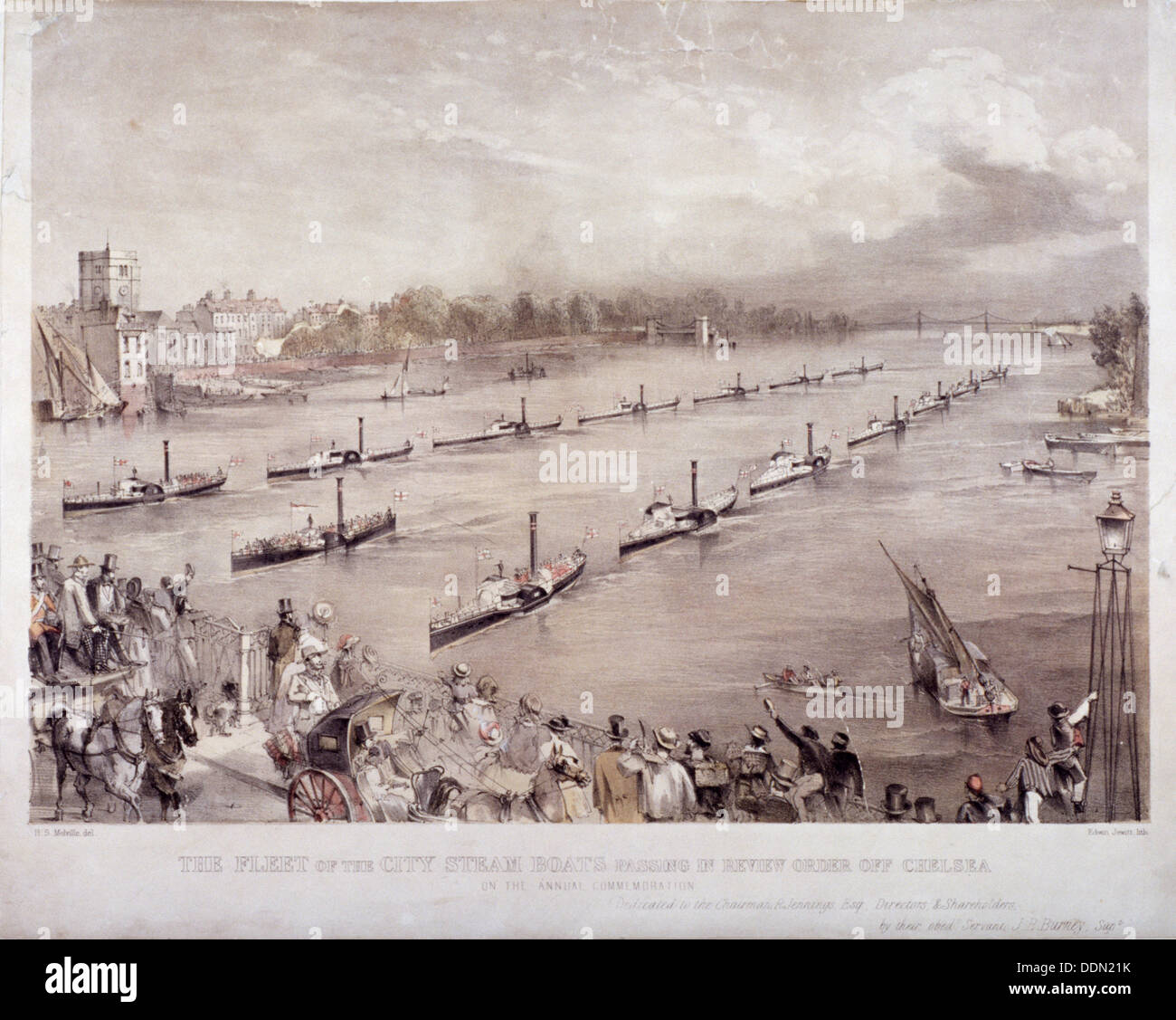 The fleet of the City steamboats passing in review order off Chelsea, London, c1860. Artist: Edwin Jewitt Stock Photo