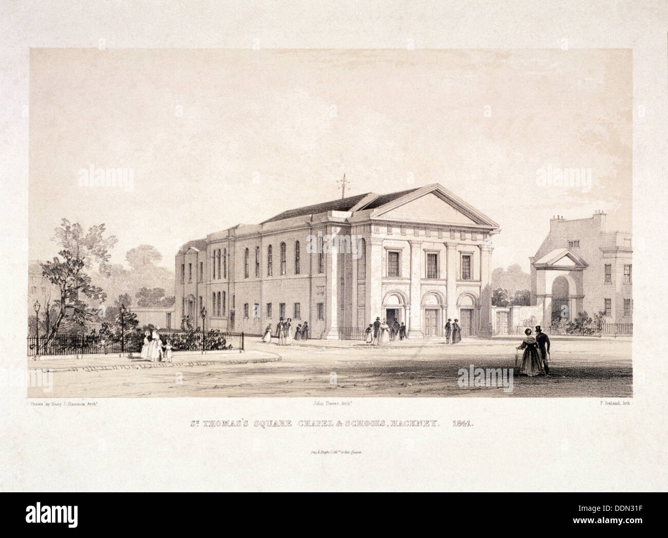St Thomas Square chapel and schools, Hackney, London, 1841. Artist: F Ireland Stock Photo