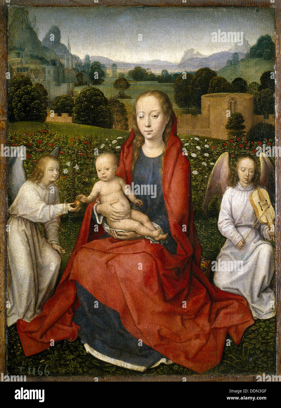 Virgin and child and two angels, 1480-1490. Artist: Memling, Hans (1433/40-1494) Stock Photo