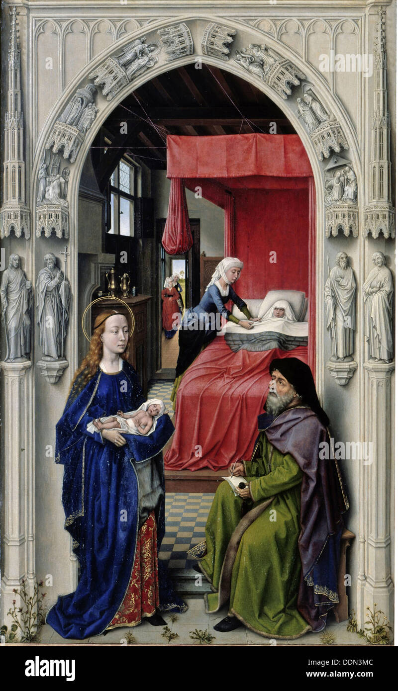 The Nativity of John the Baptist (The Altar of St. John, left panel), ca 1455. Artist: Weyden, Rogier, van der (ca. 1399-1464) Stock Photo
