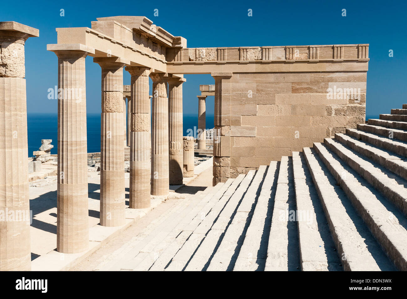 Ruins of temple of Athena Lindia in Lindos Stock Photo