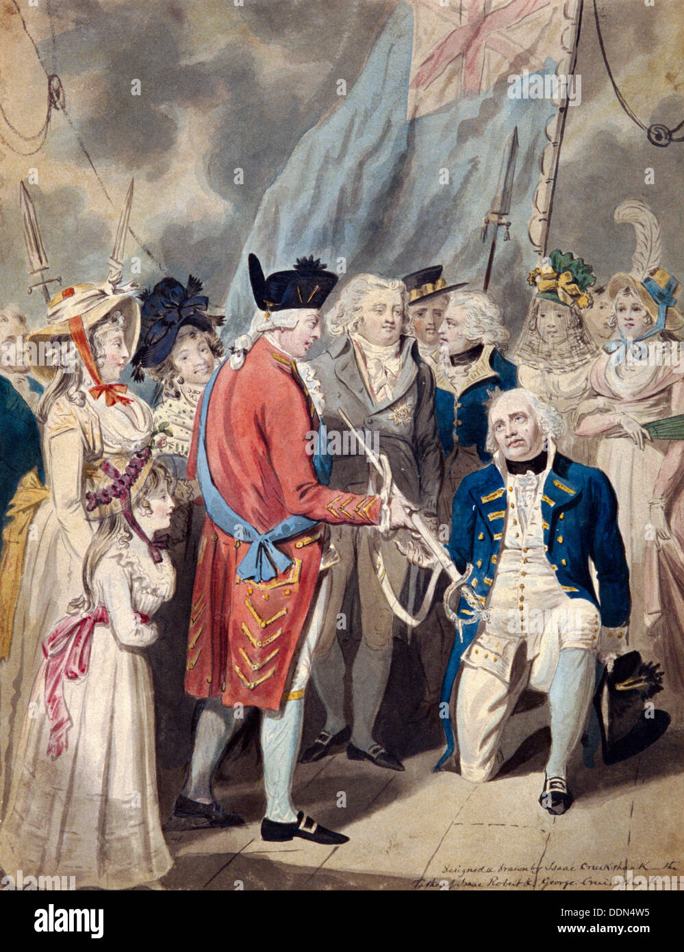 'George III presenting a Sword to Admiral Earl Howe', c1794. Artist: Isaac Cruikshank Stock Photo