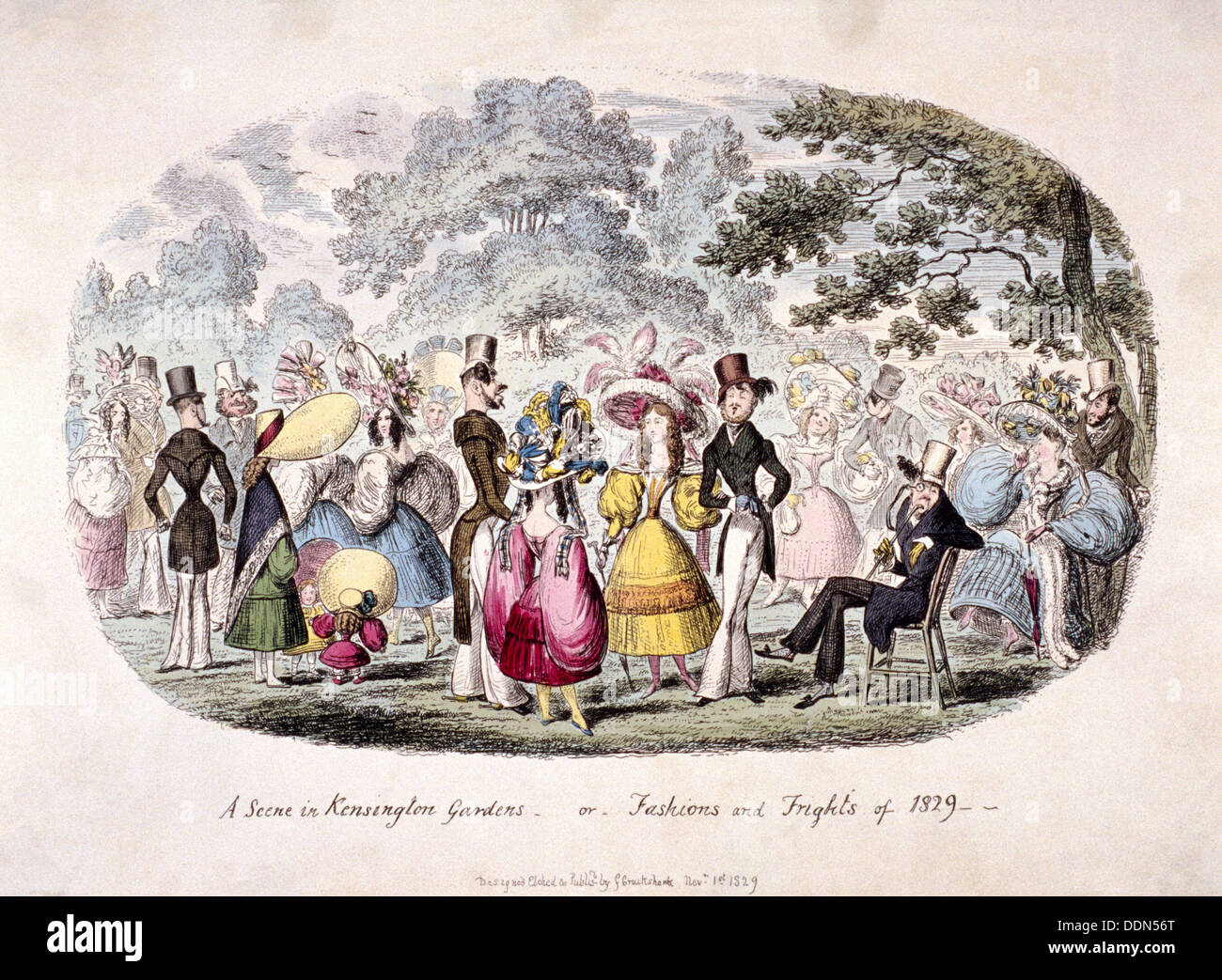 'A scene in Kensington Gardens - or - fashion and frights of 1829'. Artist: George Cruikshank Stock Photo