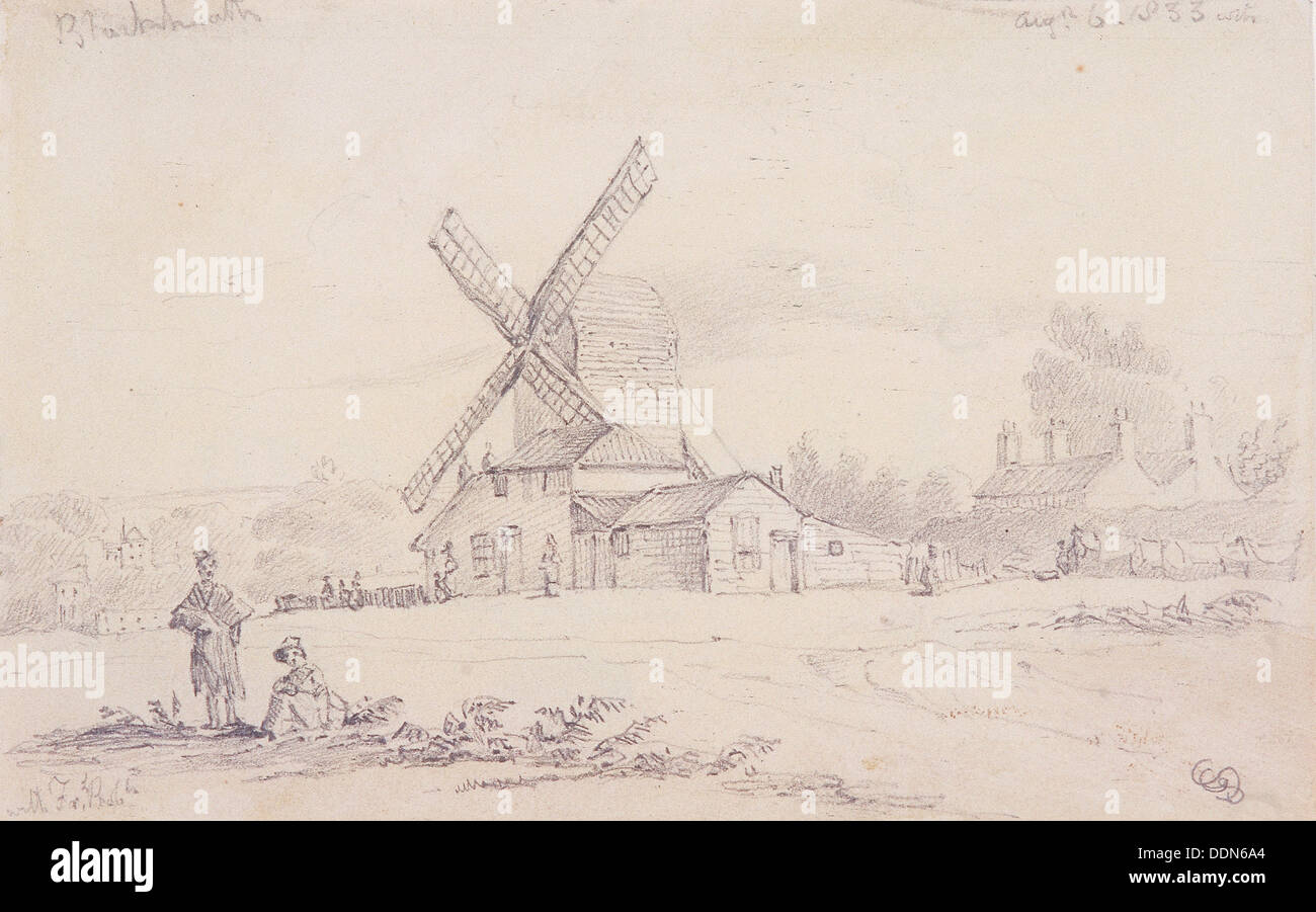 View of mill with a windmill on Blackheath, Greenwich, London, 1833. Artist: George Shepheard Stock Photo